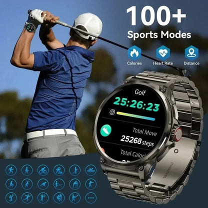 Smartwatch being worn by a golfer with sports mode features displayed on the screen.