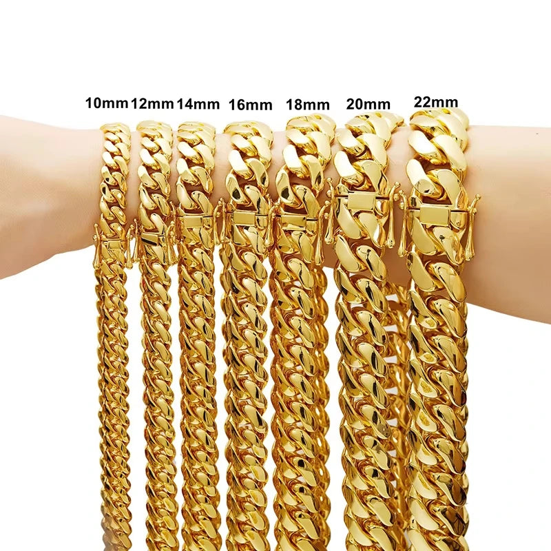 8-22mm Hip Hop Bling Gold Color Stainless Steel  Cuban Miami Link Chain Necklaces for 18k Gold-plated Men Rapper Jewelry(1PC)