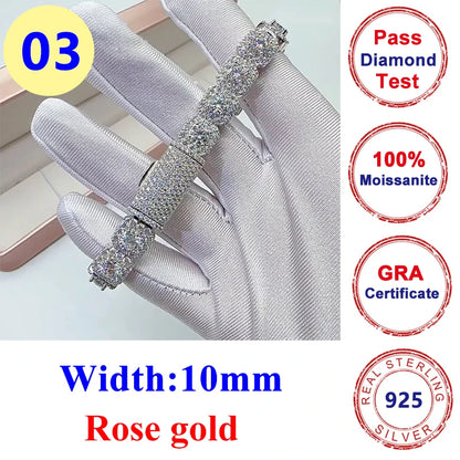 10mm Full Moissanite Diamond Cuban Chain Bracelet Hip Hop Jewelry S925 Silver Bracelets Pass Tester with Gra for Men Women