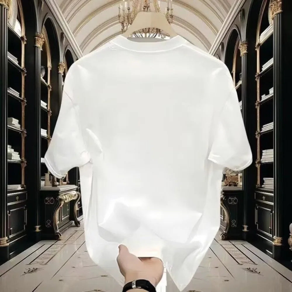 White shirt held up in front of a library setting