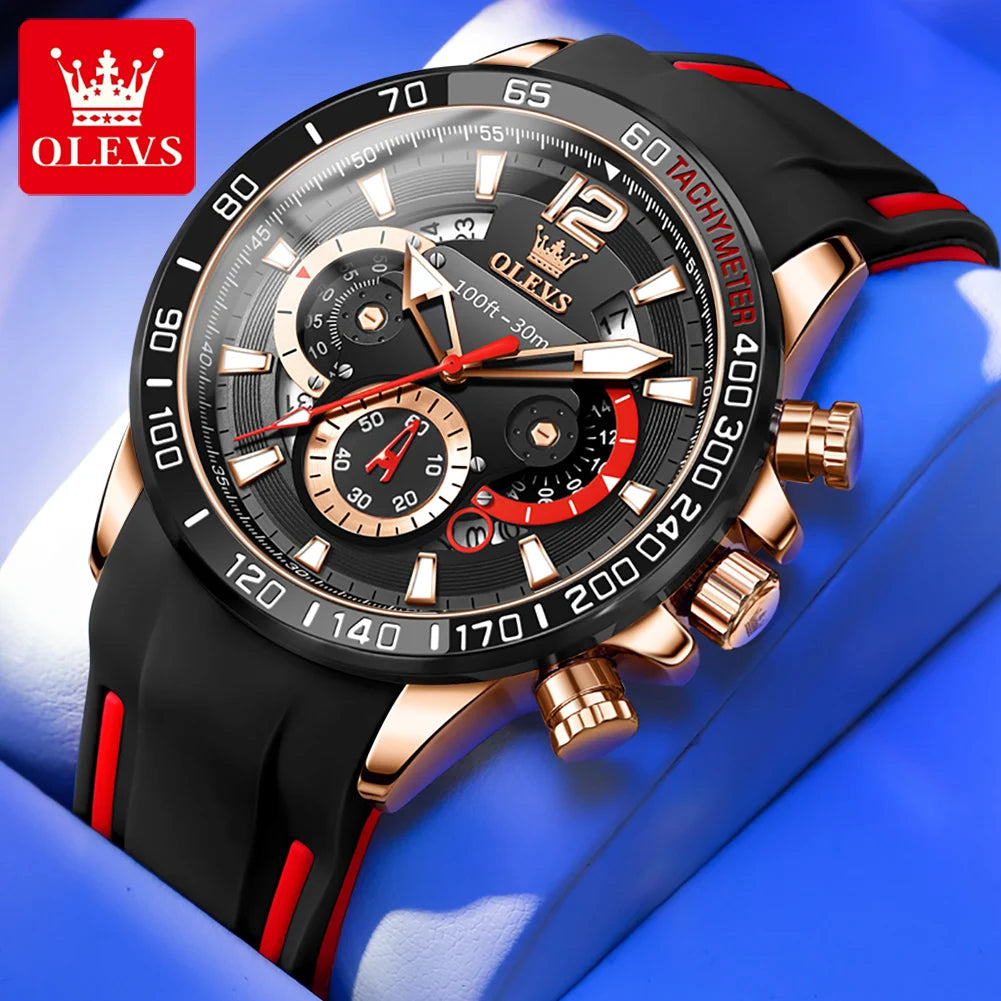 OLEVS watch with black strap and red accents on a blue background