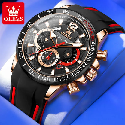 OLEVS watch with black strap and red accents on a blue background
