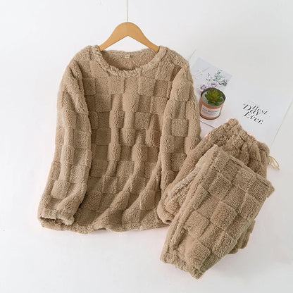 Autumn Winter Plaid O-Neck Pullover Top Loose Elastic Waist Trousers Sets Women's Pajamas Set 2 Pieces Woman Nightwear Sleepwear