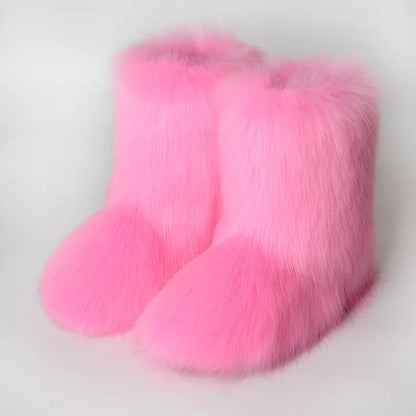 Women's Winter Snow Boots Outdoor Luxury Furry Faux Fox Fur Boots Woman Plush Warm Platform Shoes New Fashion Bottes Big Size 46
