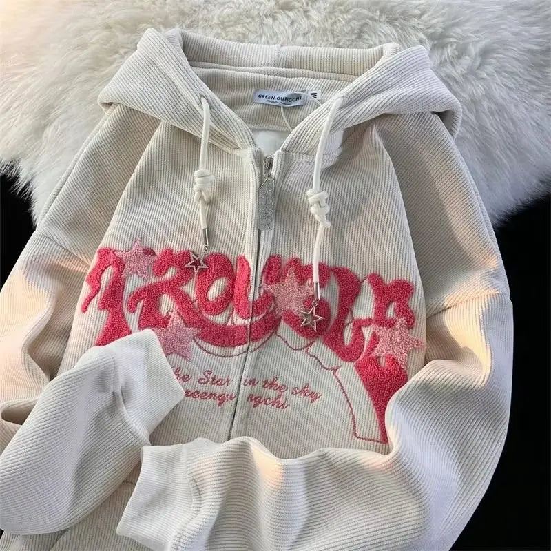 Mode Stickerei Reißverschluss Hoodies Damen Herbst Langarm Tops Locker Kapuzenpullover Kleidung Weiblicher Sweatshirt Jacke