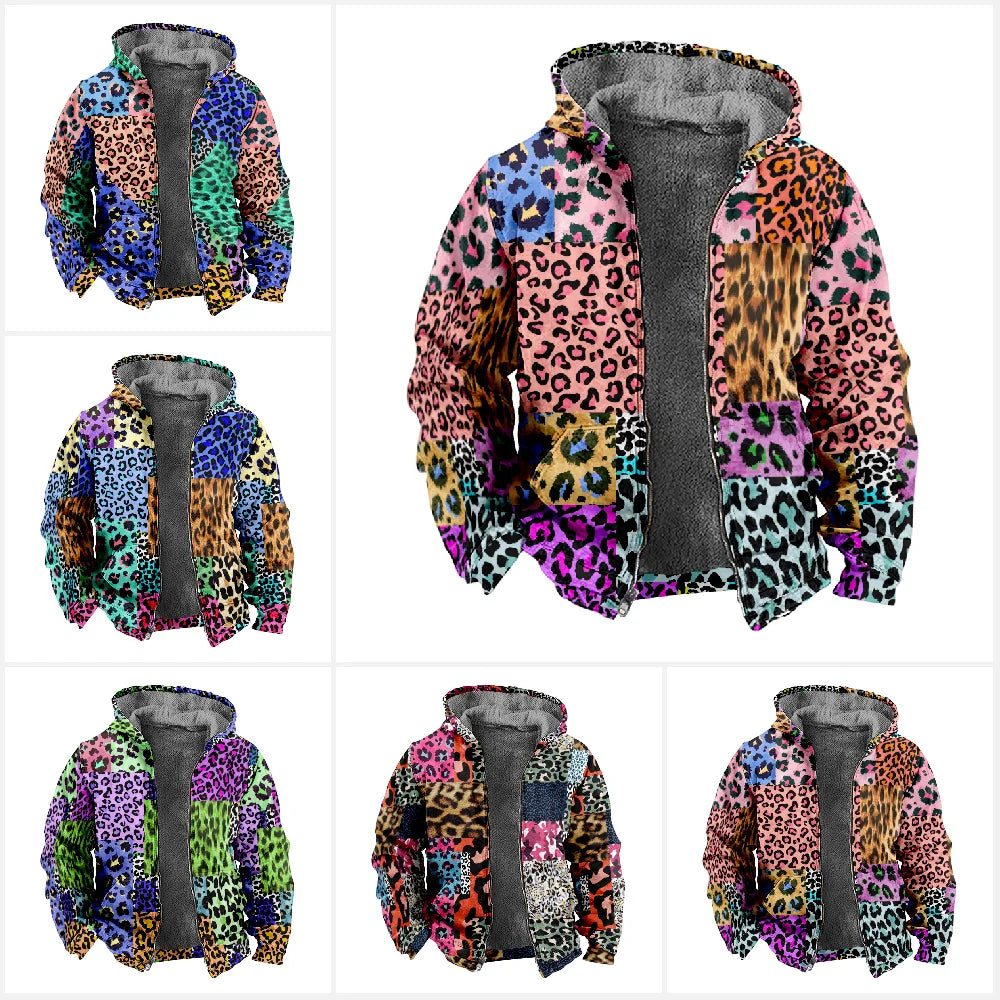 Herbst Winter Fleece Zip-Up Hoodies Original Leopard Patchwork Digitaldruck Herren Parka Mantel Jacken Oberbekleidung Sweatshirts Street