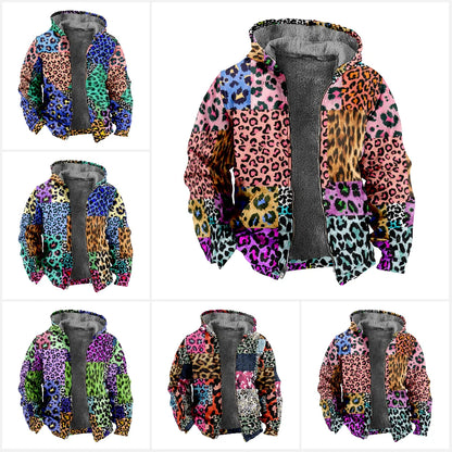 Herbst Winter Fleece Zip-Up Hoodies Original Leopard Patchwork Digitaldruck Herren Parka Mantel Jacken Oberbekleidung Sweatshirts Street