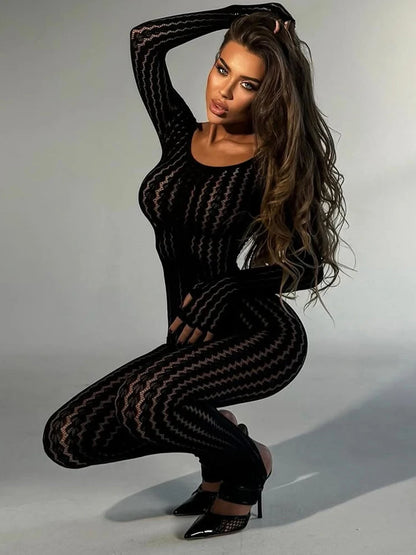 Sibybo Transparente, ausgehöhlte Jumpsuits Damen Sommer Rundhals Langarm Hochelastisch Einteiliger Jumpsuit Overall Dünner Sexi Overall
