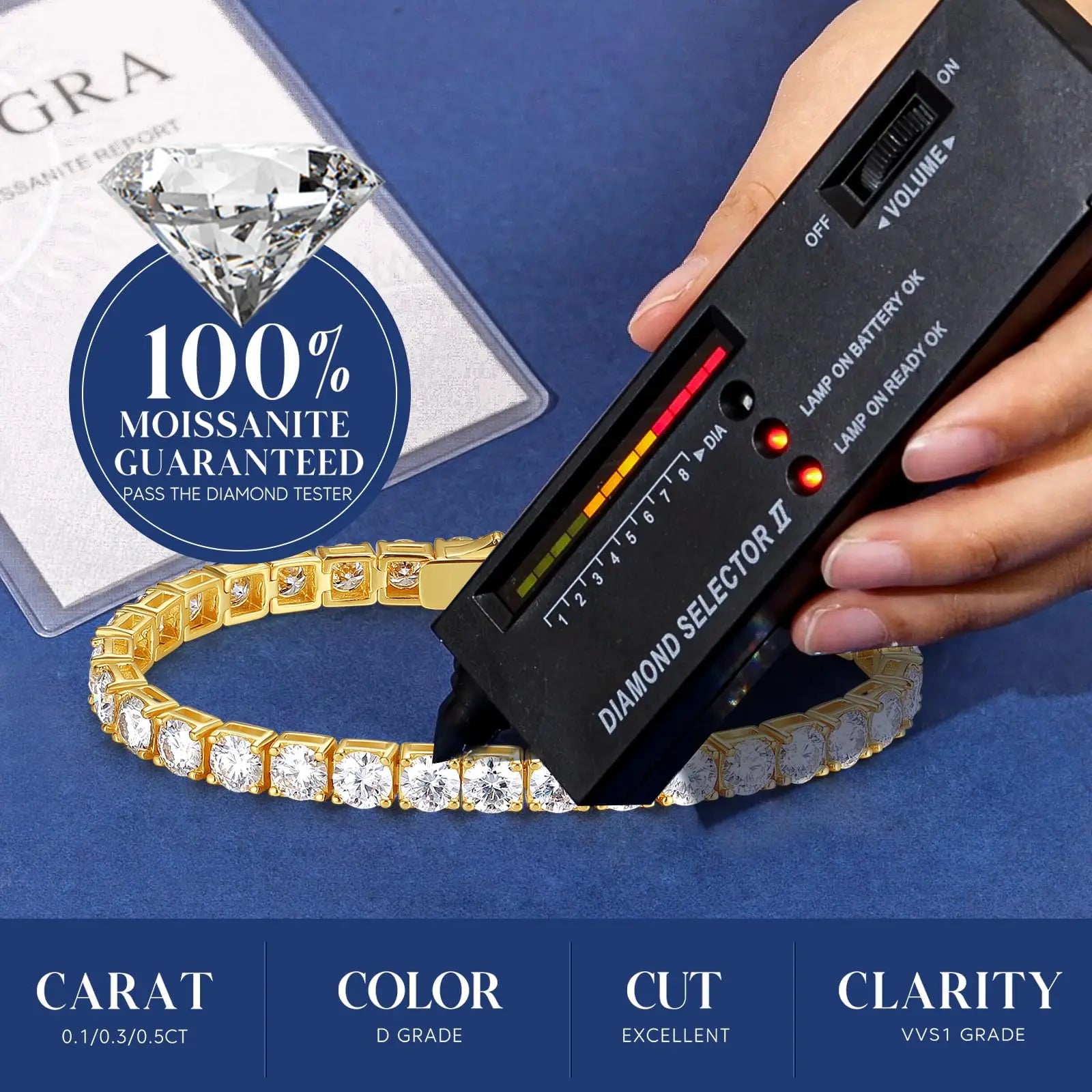 Diamond selector tester being used on a diamond bracelet with a blue background