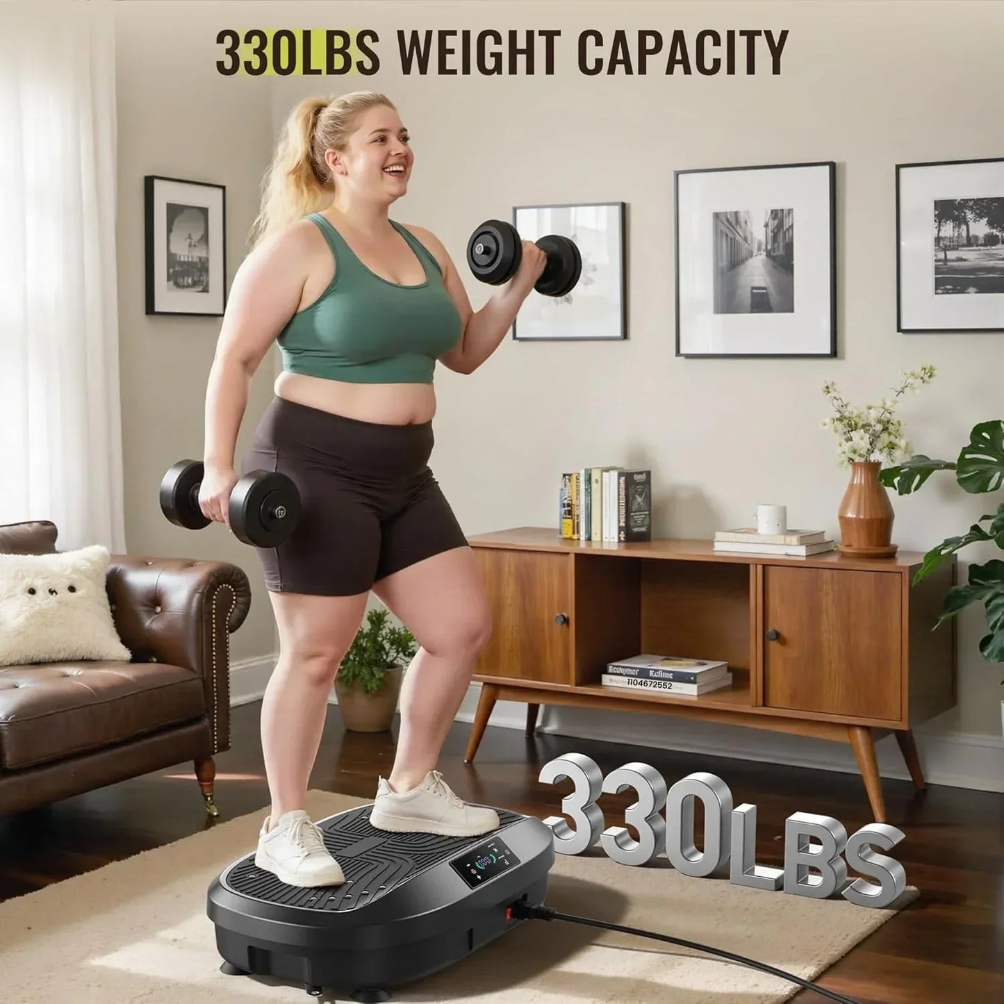 Person using a vibration plate machine with text indicating weight capacity in a living room setting.
