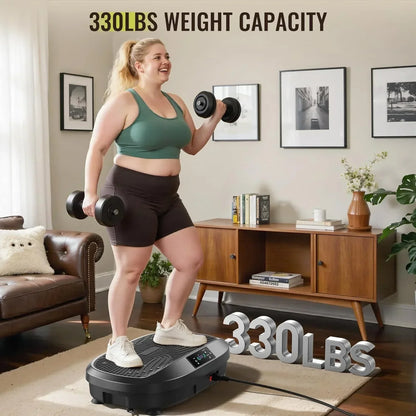 Person using a vibration plate machine with text indicating weight capacity in a living room setting.