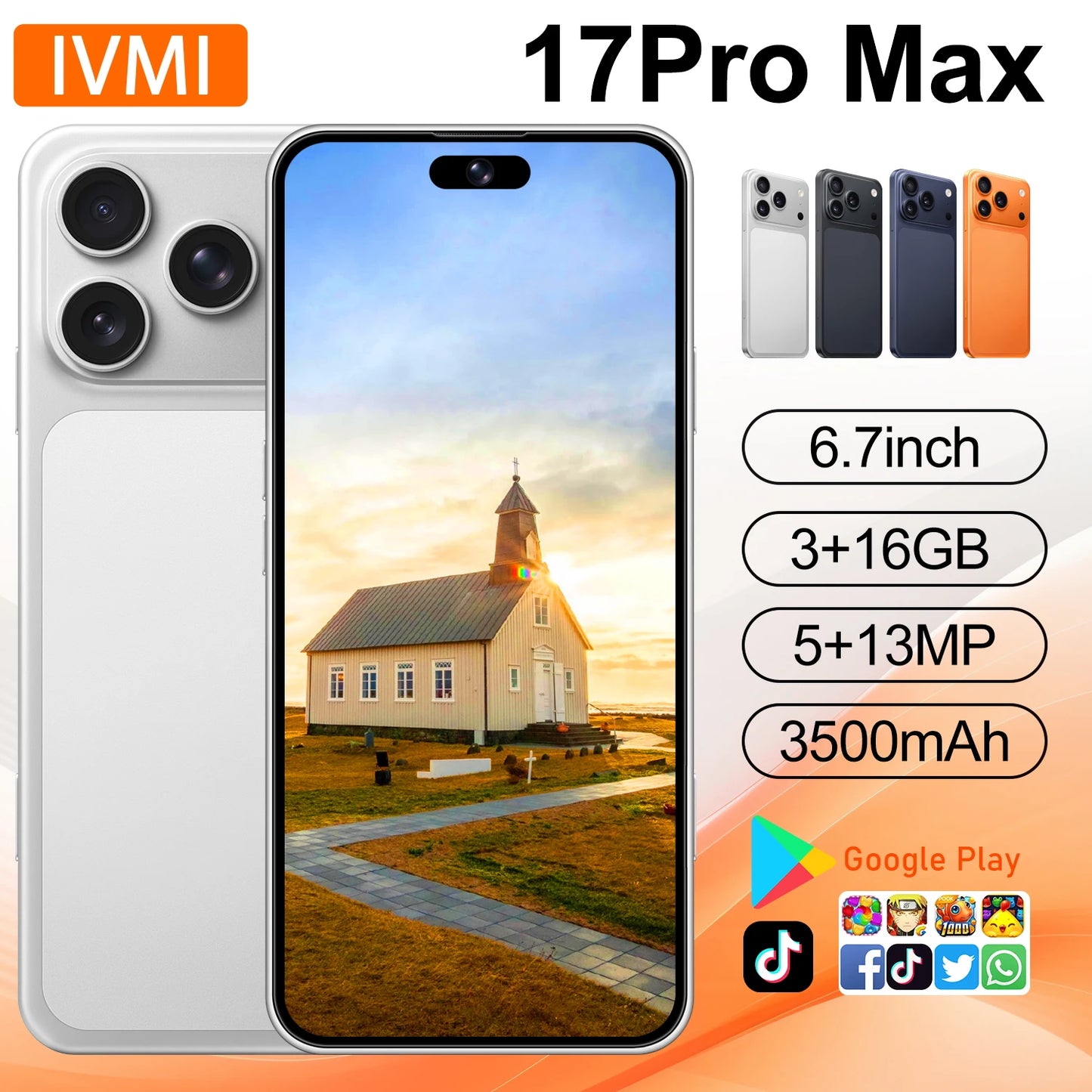 17 Pro Max 6.7" Smartphone 3GB+16GB 5MP+13MP Camera