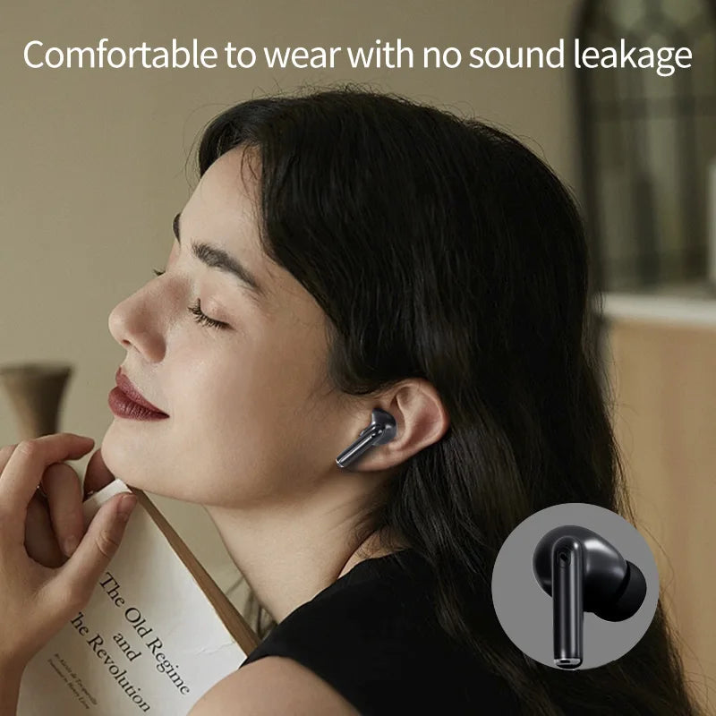 Woman wearing wireless earbuds with text 'Comfortable to wear with no sound leakage'.