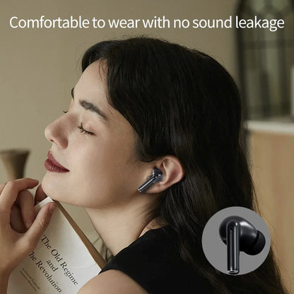 Woman wearing wireless earbuds with text 'Comfortable to wear with no sound leakage'.