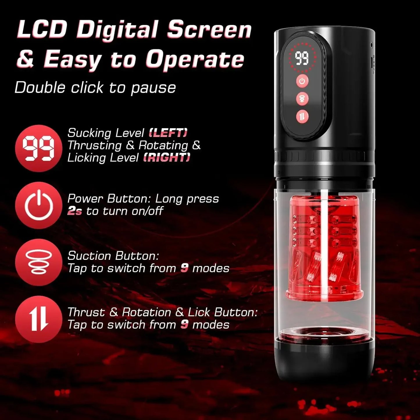 Sexual product with digital controls and red LED lights on a dark background