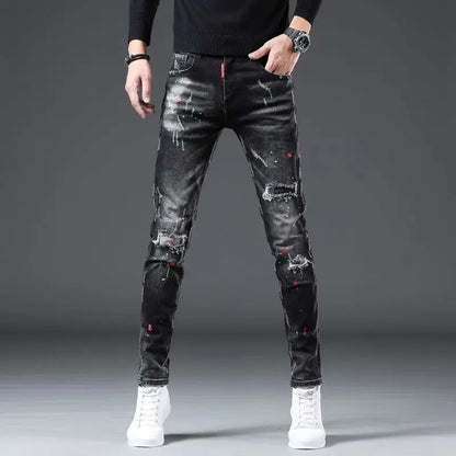 Men's Paint Splatter Distressed Slim Denim Jeans – Designer