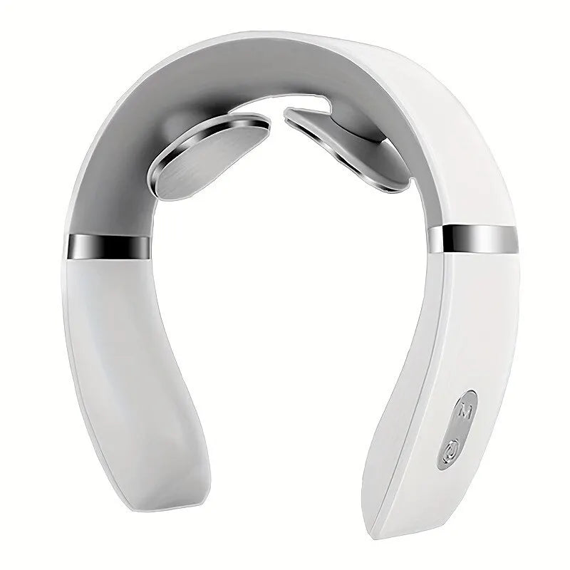 White neck massager with silver accents on a white background
