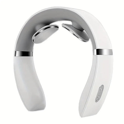 White neck massager with silver accents on a white background