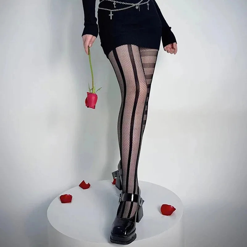 Stripe Asymmetric Tights Women's Pantyhose High Elasticity Lace Hollow Fishnet Sexy Stockings Classic Ladies Gothic Pantyhose
