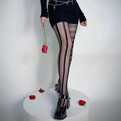 Stripe Asymmetric Tights Women's Pantyhose High Elasticity Lace Hollow Fishnet Sexy Stockings Classic Ladies Gothic Pantyhose