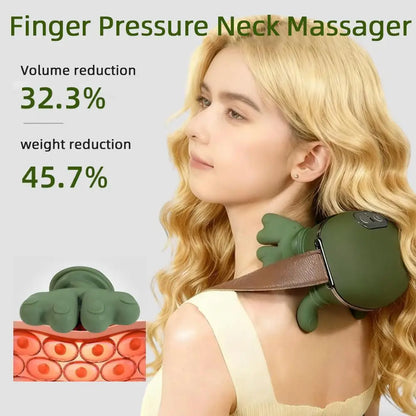 Woman using a green finger pressure neck massager with text on volume and weight reduction.