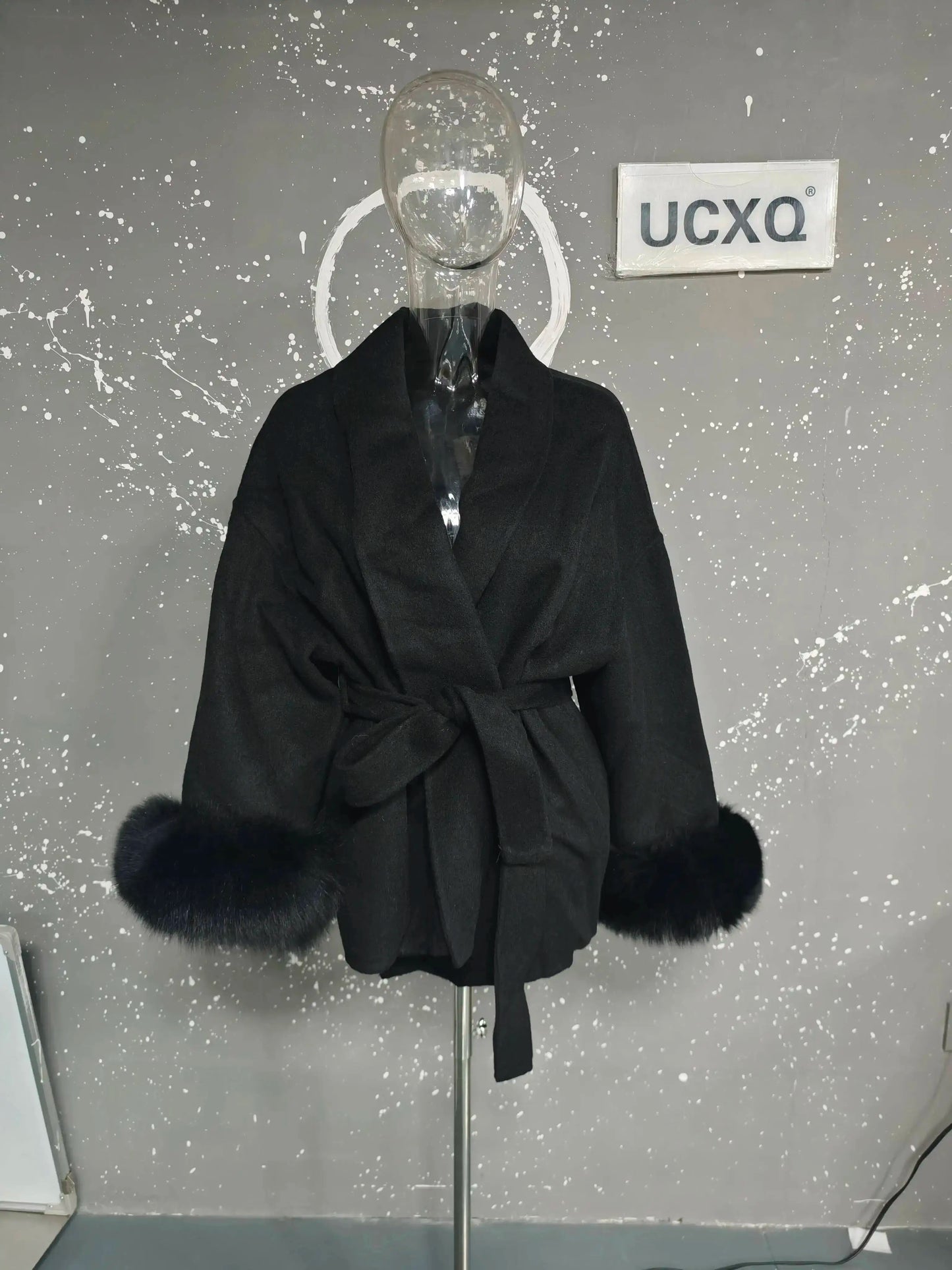 UCXQ Eleganter OL Business-Mantel Pelz-Patchwork Langarm Wollmantel Schöne Damenbekleidung Jacke Herbst 2025 Winter
