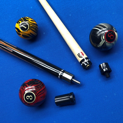 Pool cue and balls on a blue felt background