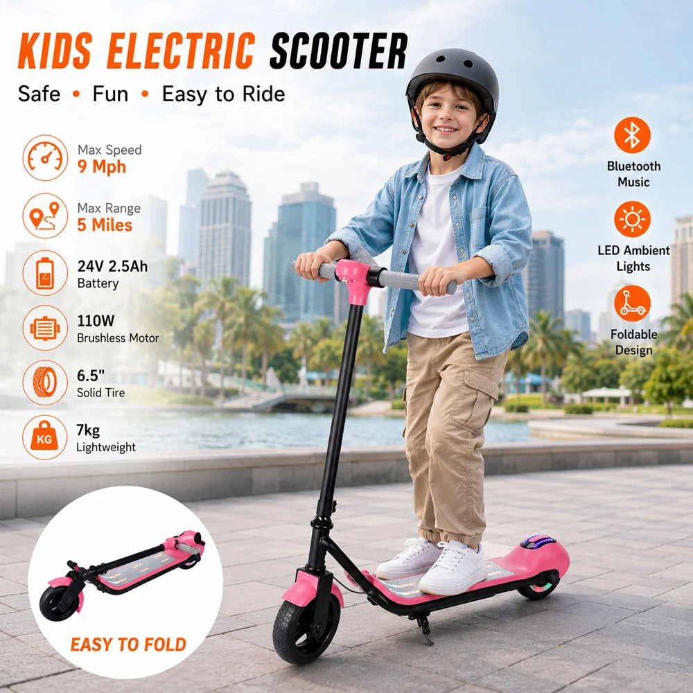 Child riding a pink electric scooter with product features displayed on a cityscape background