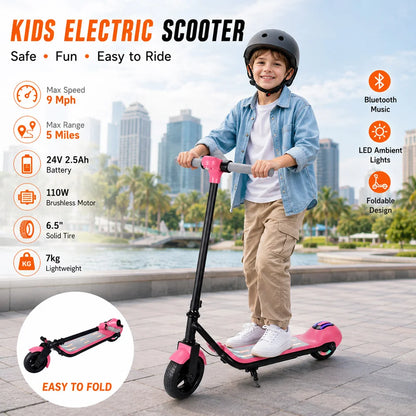 Child riding a pink electric scooter with product features displayed on a cityscape background