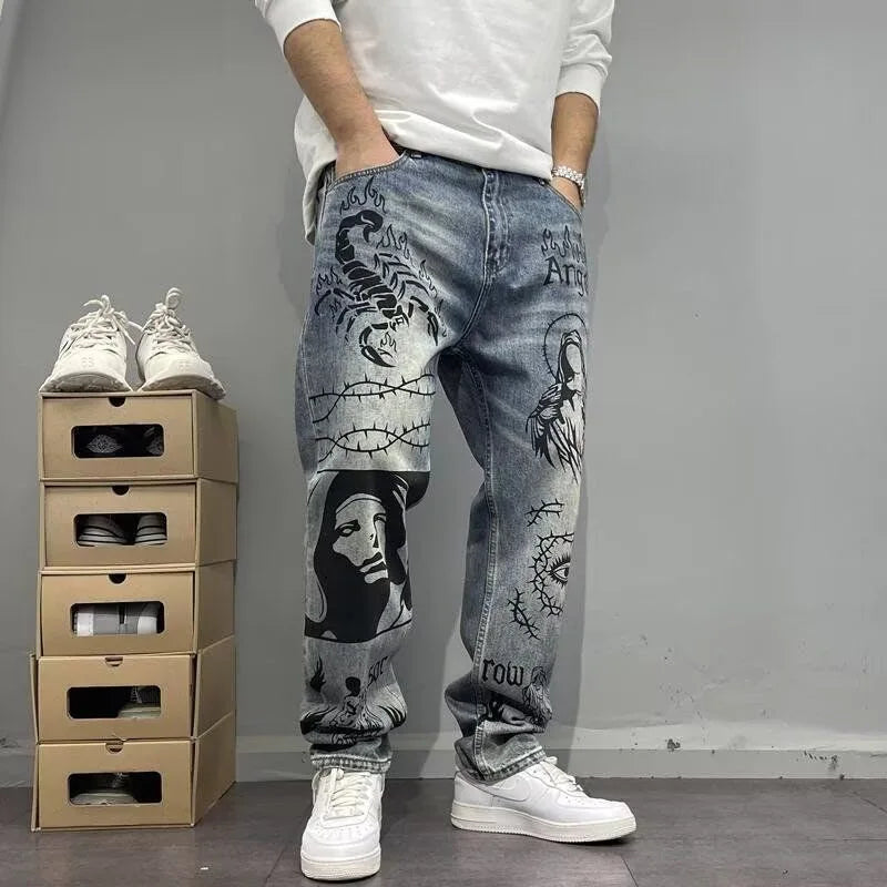 Herbst und Frühling Neuer Modetrend Bedruckte Straight Leg Sport-Jeans Herren Locker Bequem Übergröße Hochwertige Hose