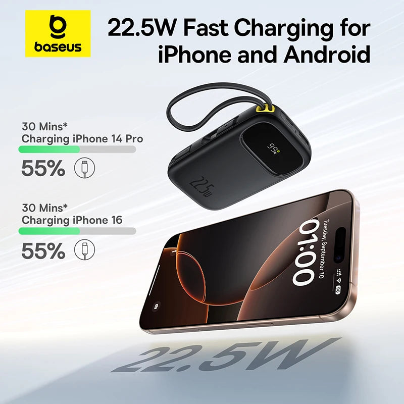 Baseus 22.5W 10000mAh 20000mAh Power Bank Built-In Retractable USB-C & Lightning Cable for iPhone 16 Samsung S25 Xiaomi Poco