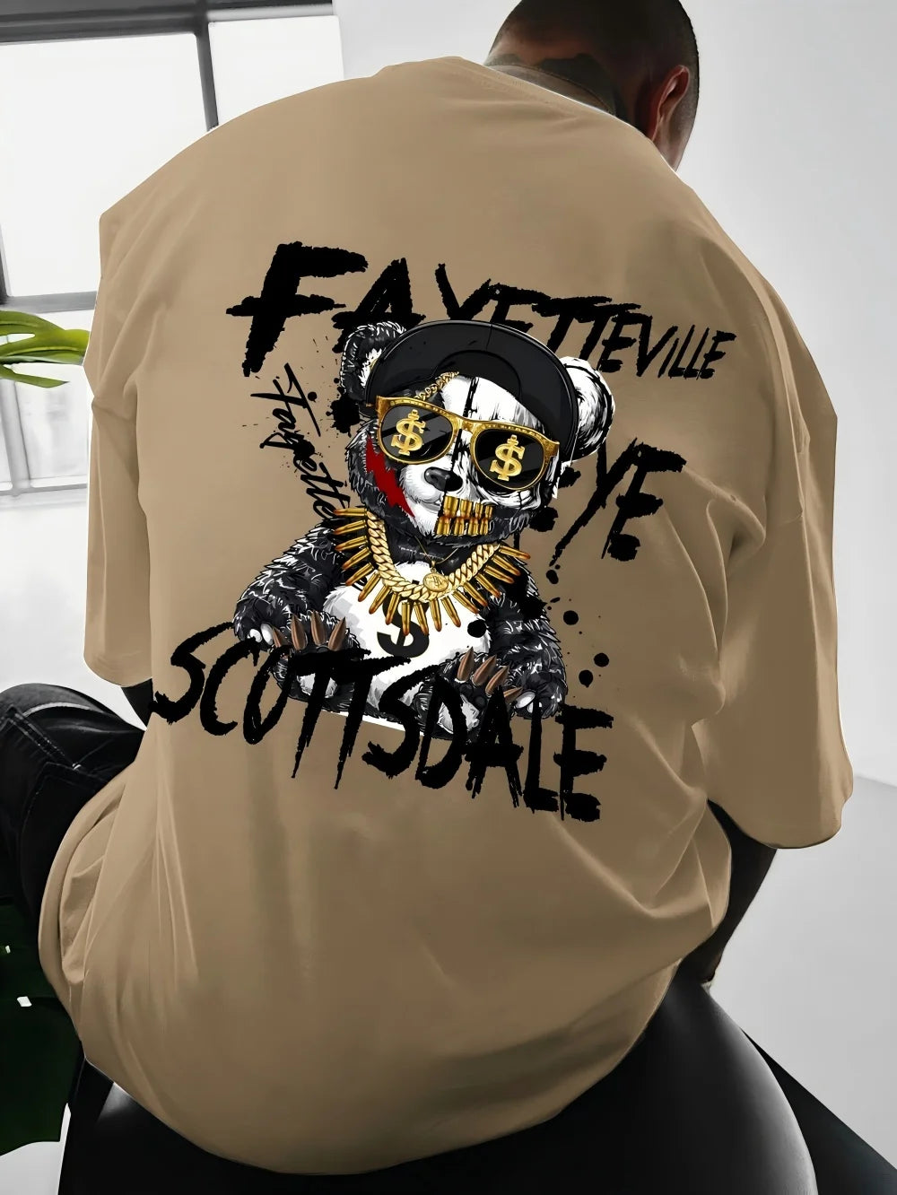 Heiß begehrtes, modisches Herren-T-Shirt mit Teddybär-Goldkette, bedruckt, atmungsaktiv, Rundhalsausschnitt, für Sommer, Outdoor, Streetwear