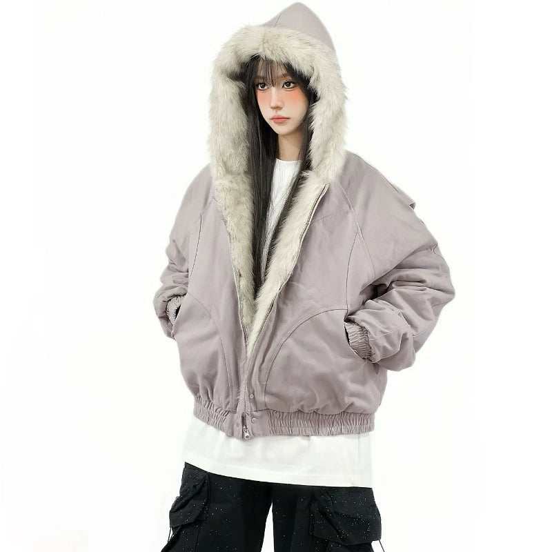 2025 Winterjacke für Damen, verdickter Pelzkragen, warm, Reißverschluss, Kapuzenpullover, für Paare, modisch, modisch, lässig, locker, Oberteil