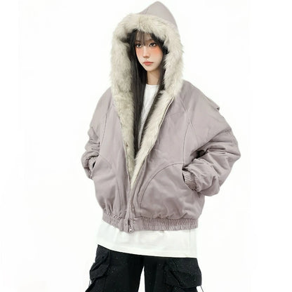 2025 Winterjacke für Damen, verdickter Pelzkragen, warm, Reißverschluss, Kapuzenpullover, für Paare, modisch, modisch, lässig, locker, Oberteil