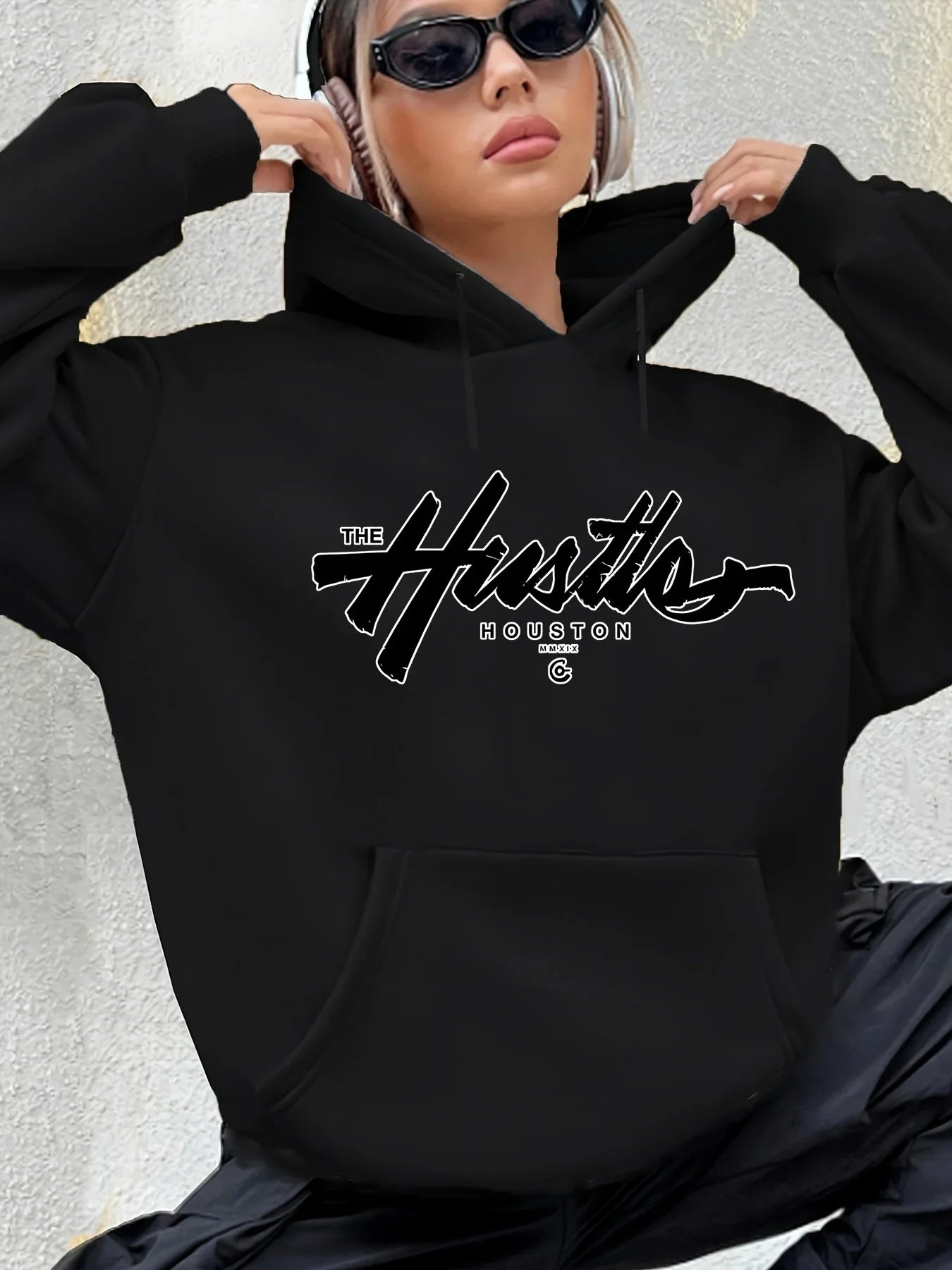 Herbst Winter Damen Locker Warm Houston Buchstabenmuster Wildleder Langarm Kapuzenpullover