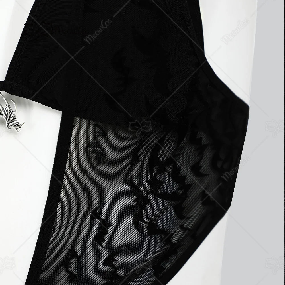 Gothic Black Bat One Piece Swimsuit – Sheer Bodysuit with Bikini Top