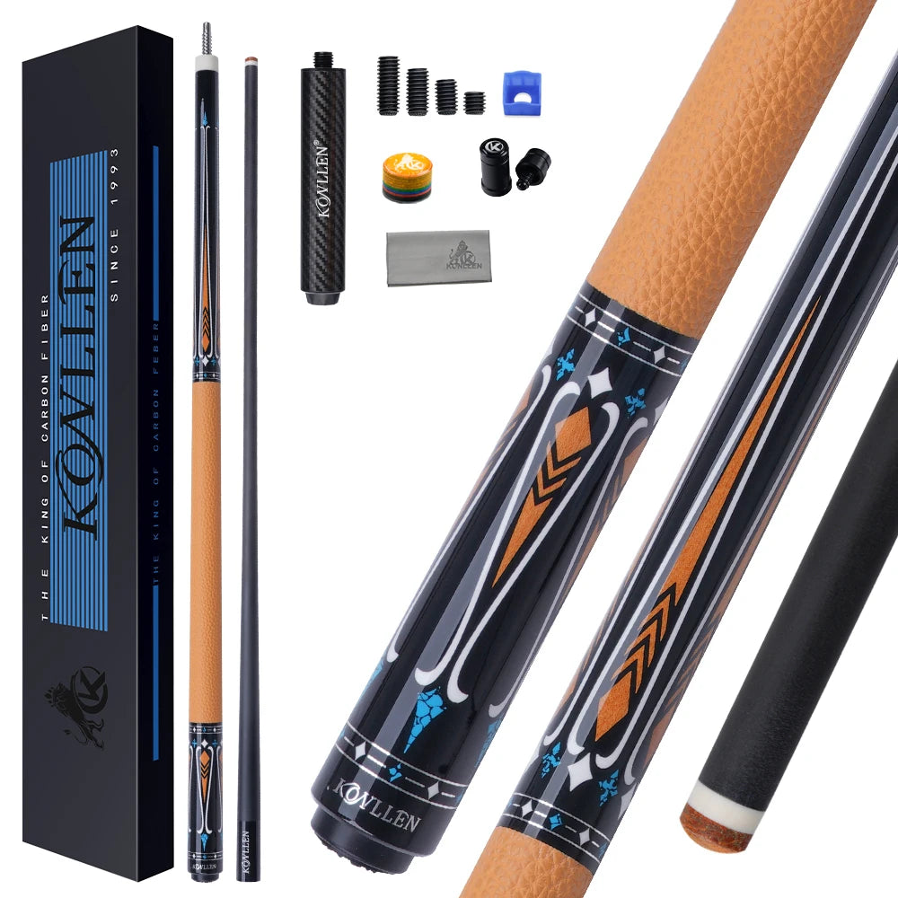 Kovallen pool cue with accessories and packaging on a white background