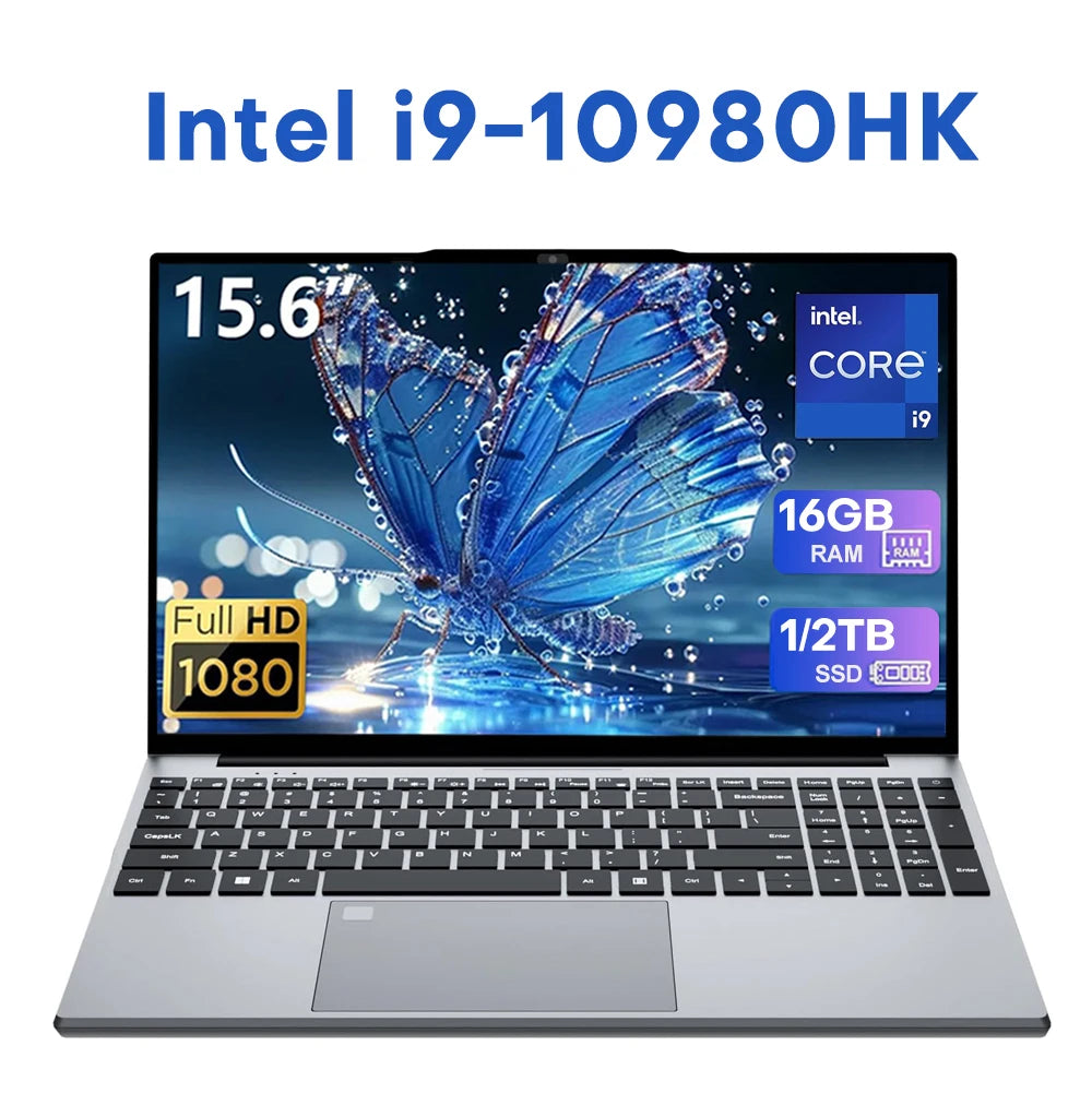 Laptop with Intel i9-10980HK processor specifications on a white background