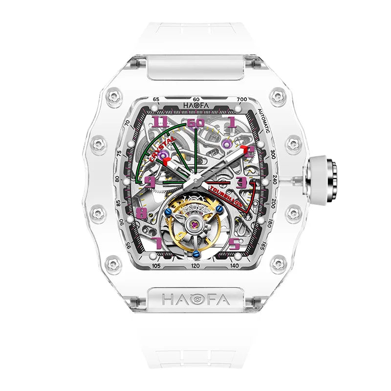 Haofa Tourbillon Crystal Transparent Hollowing Waterproof Luminous Automatic Mechanical Watches
