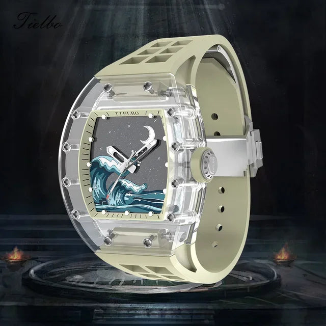 TIELBO Crystal Automatic Mechanical Case Watches Skeleton Sapphire Diamond Wristwatch Waterproof Luminous
