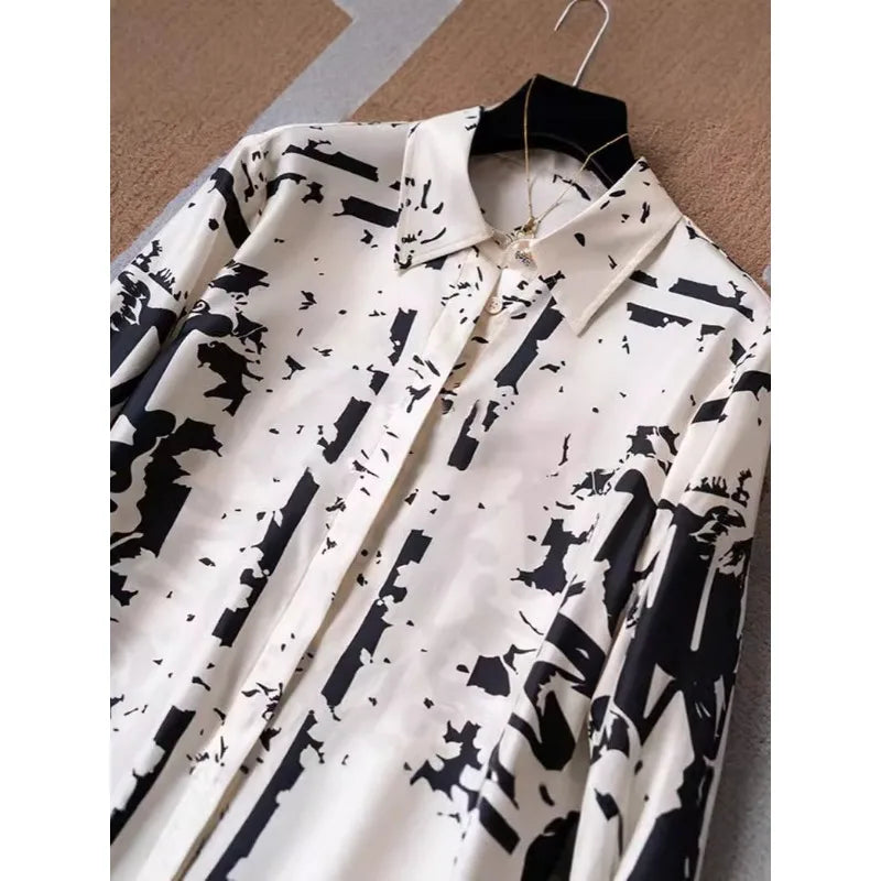 Women's Long-sleeved 2025 New Spring and Autumn Style Age-reducing Letter Color Block Top Printed Shirt
