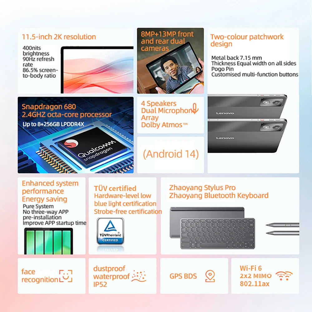 Product specifications of a smartphone with features listed on a colorful background