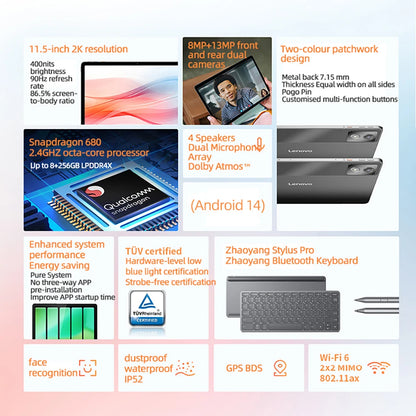 Product specifications of a smartphone with features listed on a colorful background