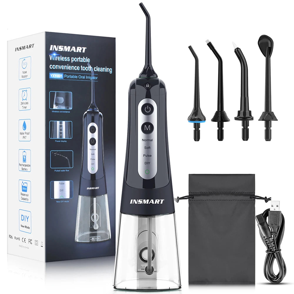 INSMART dental water flosser with packaging, nozzles, and USB cable on a white background