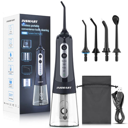 INSMART dental water flosser with packaging, nozzles, and USB cable on a white background
