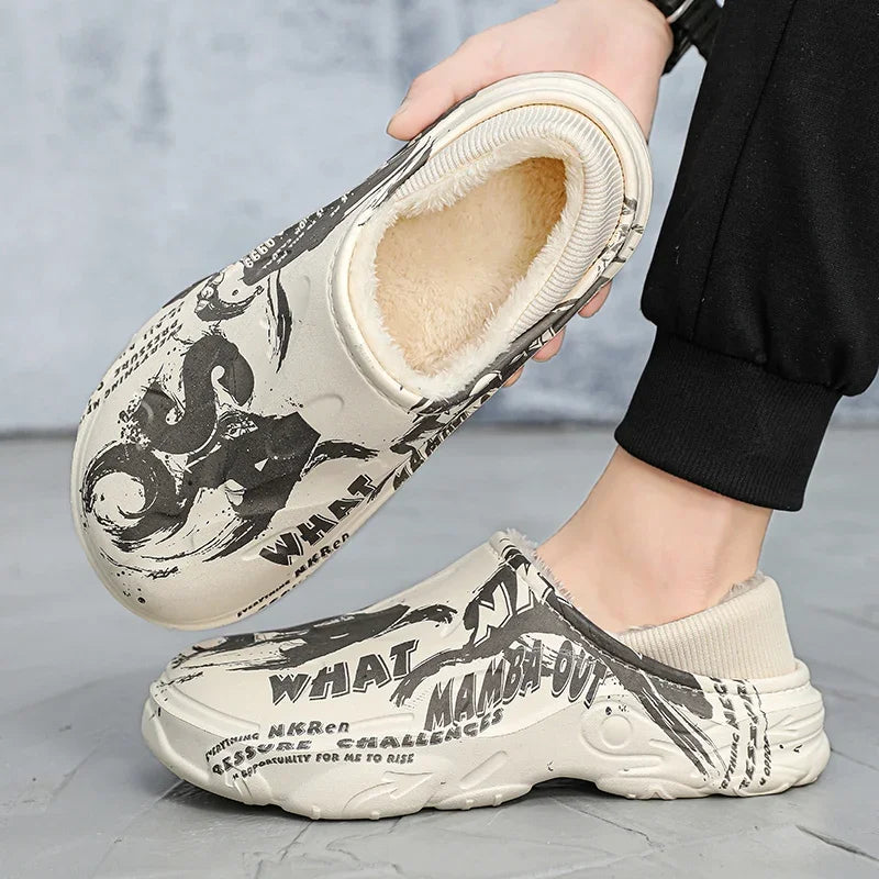 Winter-Fellpantoffeln für Herren, warme Indoor-Baumwollschuhe, wasserdichte Outdoor-Gartenschuhe, Slip-On Clogs, halbe Pantoletten/Sandalen