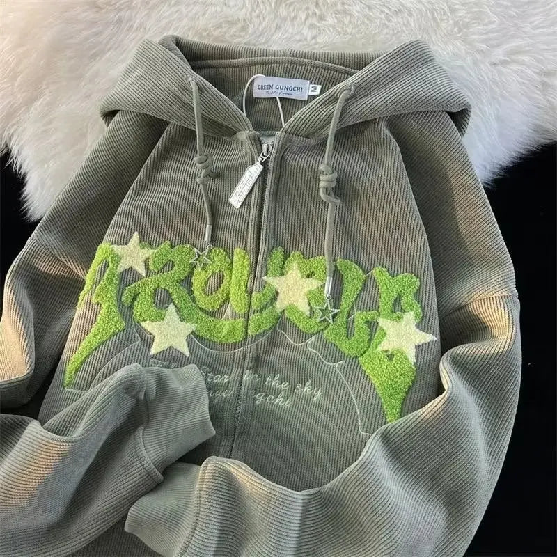 Mode Stickerei Reißverschluss Hoodies Damen Herbst Langarm Tops Locker Kapuzenpullover Kleidung Weiblicher Sweatshirt Jacke