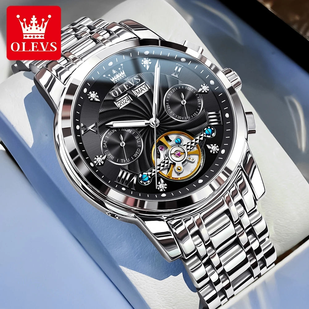 OLEVS Luxuriöse automatische mechanische Uhren für Herren, Skelett-Unruh-Kalender-Woche, Business-Herrenuhr, ausgehöhlte Herrenuhren