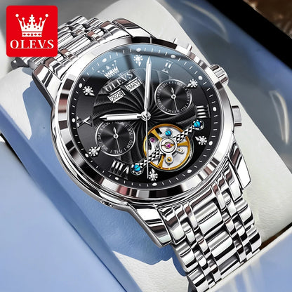 OLEVS Luxuriöse automatische mechanische Uhren für Herren, Skelett-Unruh-Kalender-Woche, Business-Herrenuhr, ausgehöhlte Herrenuhren