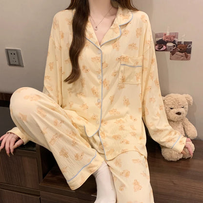 Pink Bow Dtie Design Pajamas for Women Long Sleeve Top & Elastic Waist Pants Pajamas Set Style Casual New Home Wear